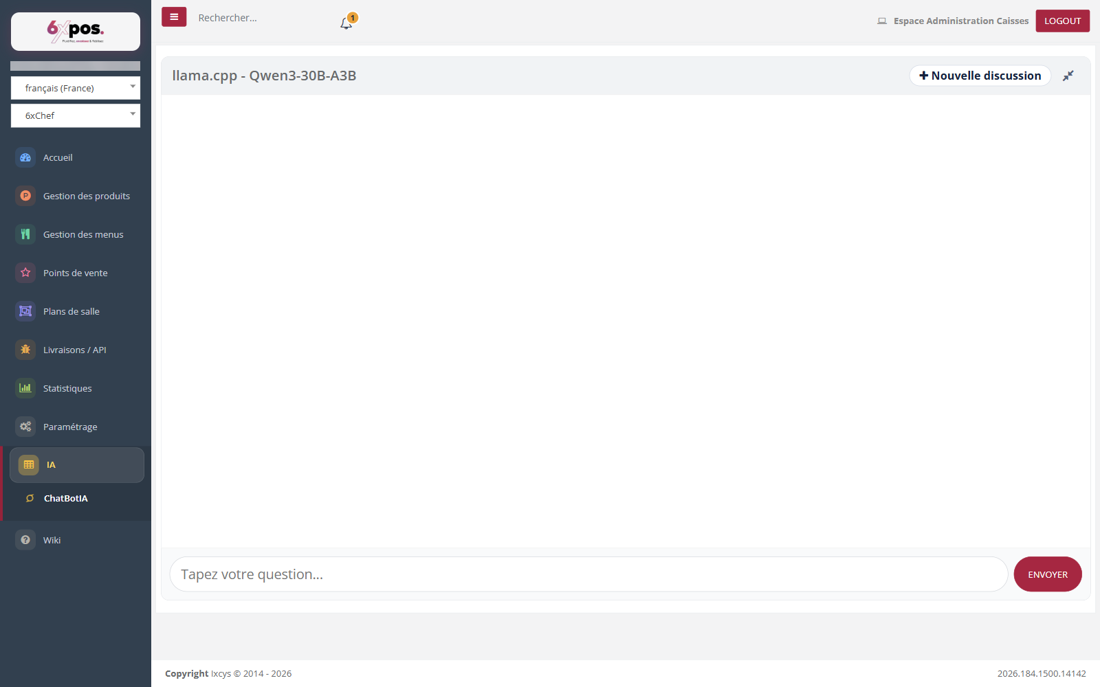Figure 1 — L'assistant : une conversation, un champ de question, un bouton « Nouvelle discussion ».