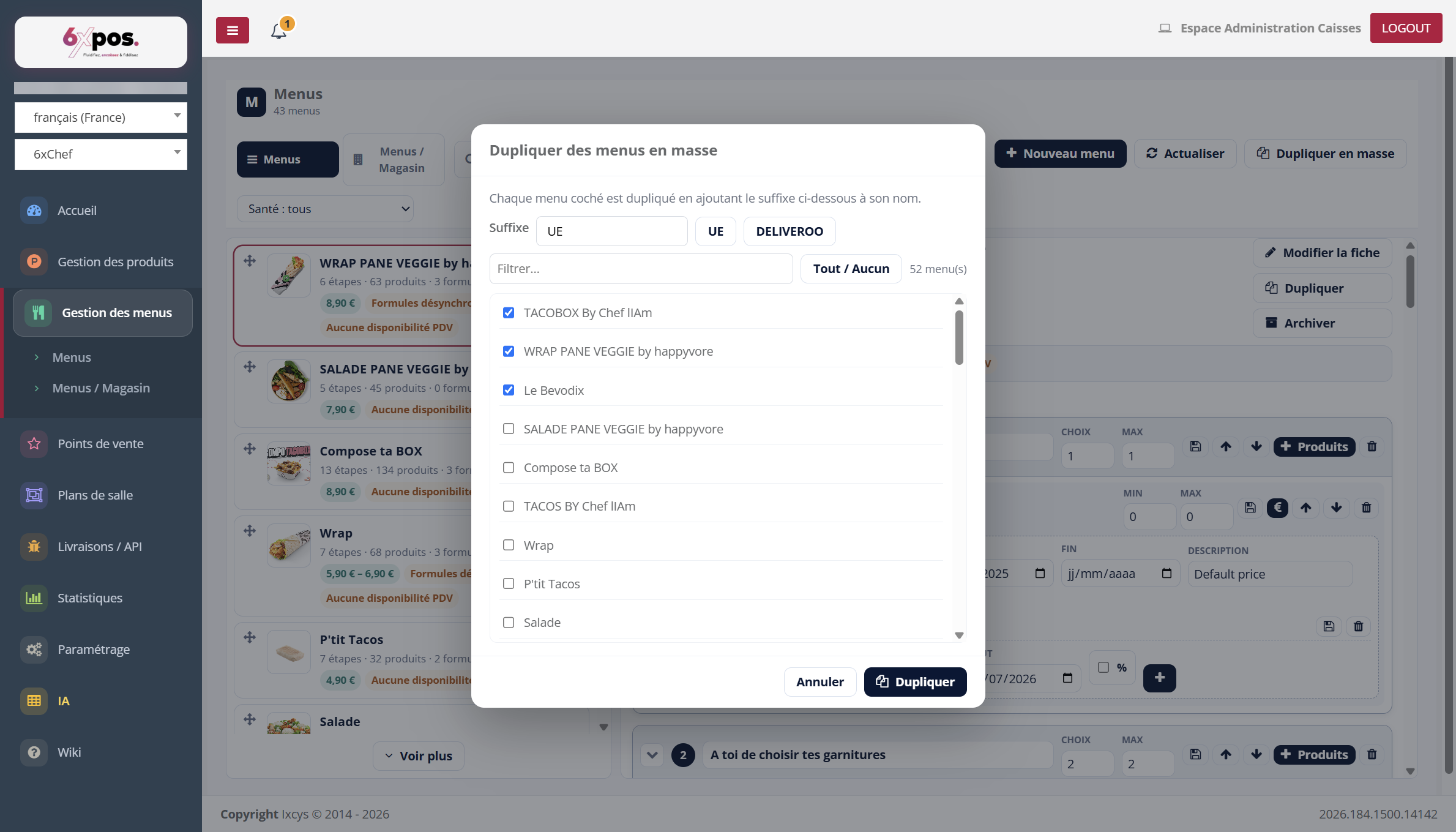 Figure 14 — La duplication en masse : sélection des menus et suffixe (presets UE / DELIVEROO).