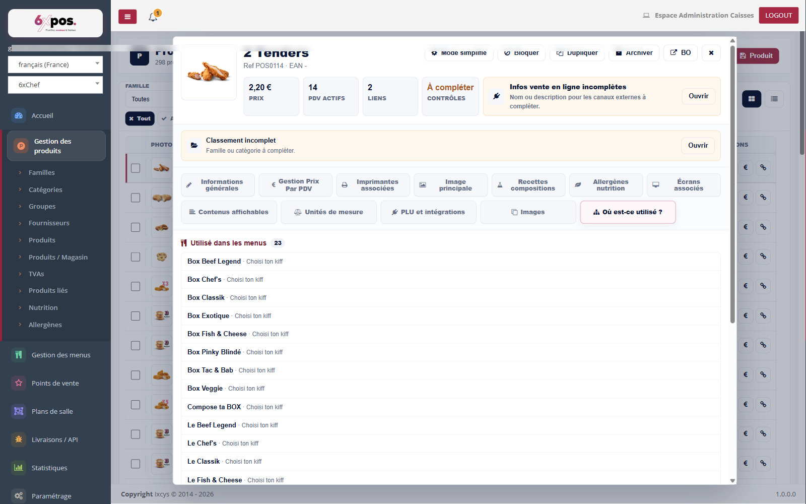 Figure 17 — L'onglet « Où est-ce utilisé ? » : les menus qui contiennent le produit, et les produits qui le proposent en lien.
